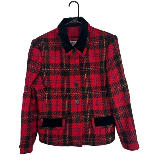 Tartan Plaid Blazer Jacket Womens 12 Red Classic Preppy Vintage Holiday Clueless - Picture 1 of 10